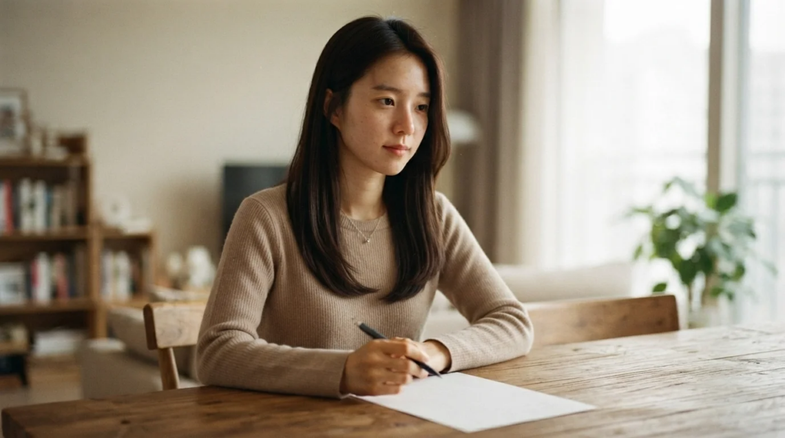테이블에 앉아 펜을 쥐고 국민연금 개편안과 납부액 변화를 고민하는 여성