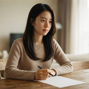 테이블에 앉아 펜을 쥐고 국민연금 개편안과 납부액 변화를 고민하는 여성