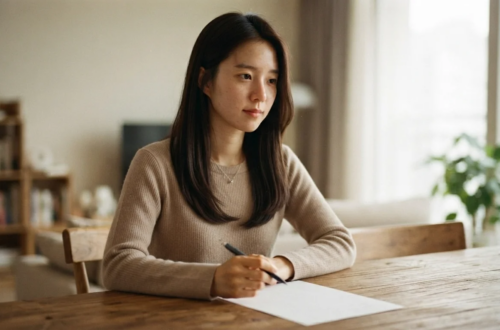 테이블에 앉아 펜을 쥐고 국민연금 개편안과 납부액 변화를 고민하는 여성