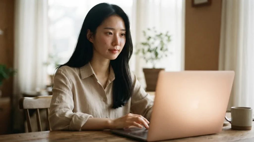 방안에서 노트북으로 작업하는 여성과 USB 메모리 가격 극복 대안 클라우드