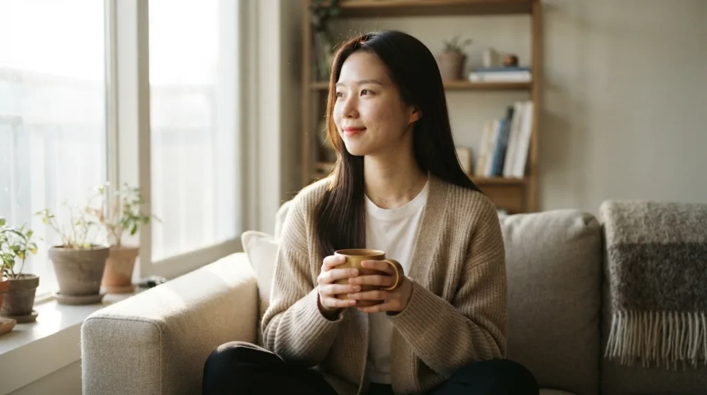 베이지색 가디건을 입고 소파에 앉아 찻잔을 들고 편안하게 재신청 결과를 기다리는 여성