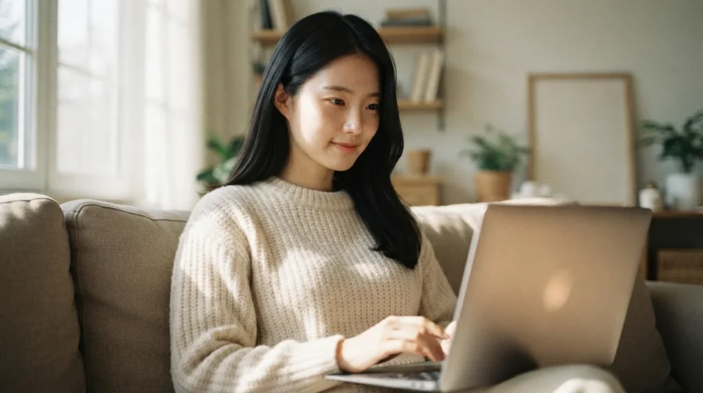 소파에 편하게 앉아 미소를 지으며 노트북으로 독창적인 블로그 글을 작성하는 여성