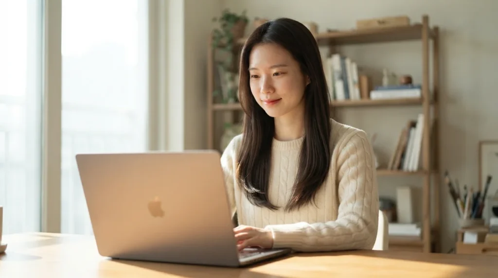 하얀 니트를 입고 미소 지으며 노트북으로 블로그 신뢰도 페이지를 작업하는 여성