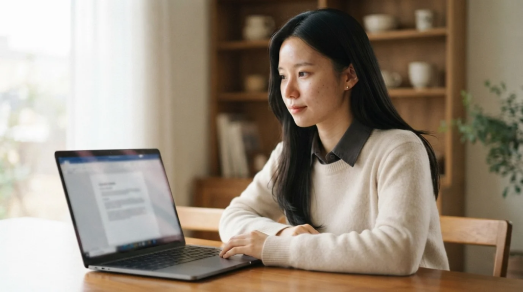 노트북으로 대한법률구조공단 퇴직금 소송 정보를 검색하는 여성