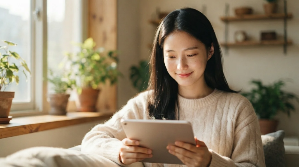 태블릿을 보며 미소 짓는 여성. 블로그 SEO 최적화로 독자 체류 시간을 늘리는 방법.