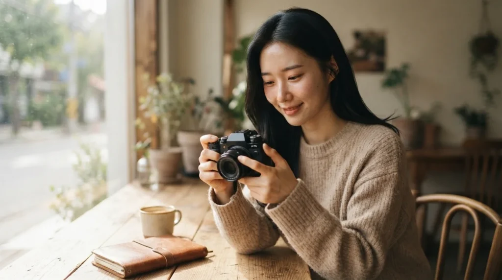 카페에서 카메라를 든 채 미소 짓는 여성과 직접 경험 중심의 구글 EEAT