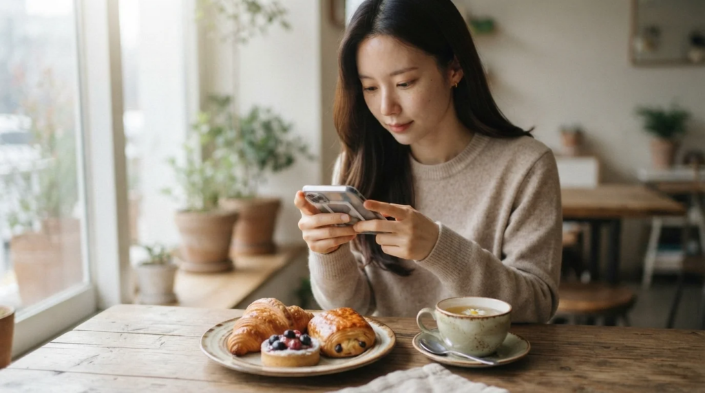 디저트 테이블에서 스마트폰으로 네이버 블로그 수익화 방법을 검색하는 여성