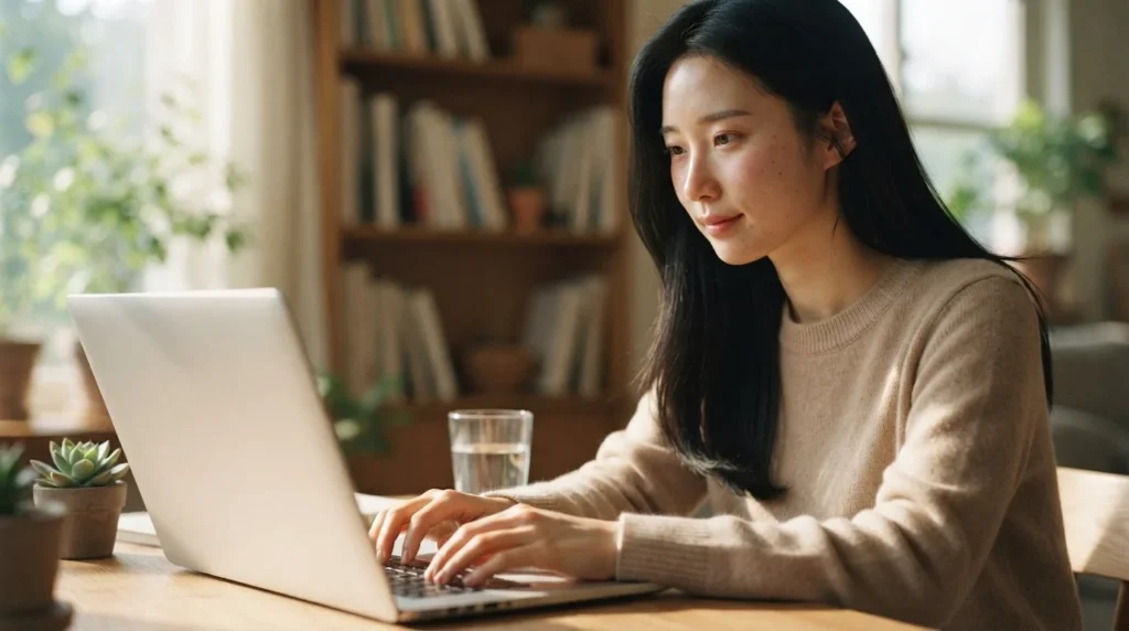 노트북으로 블로그 글을 작성 중인 여성과 상위 노출을 위한 구글 EEAT 최적화