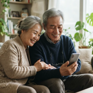 쇼파에 앉아 스마트폰을 바라보며 미소 짓는 노년의 부모님 모습