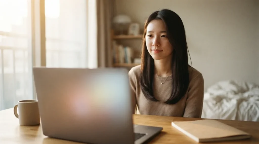 노트북 화면을 보며 블로그 상위노출 전략을 고민하는 여성