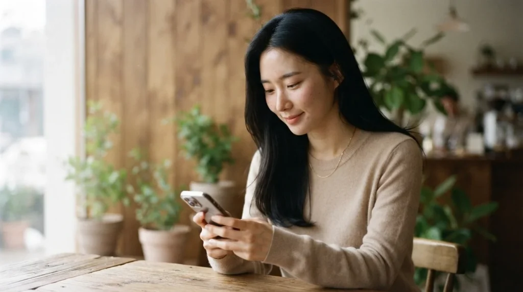 카페에서 스마트폰으로 모바일 최적화된 블로그 상위노출 글을 읽는 여성