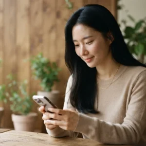 카페에서 스마트폰으로 모바일 최적화된 블로그 상위노출 글을 읽는 여성