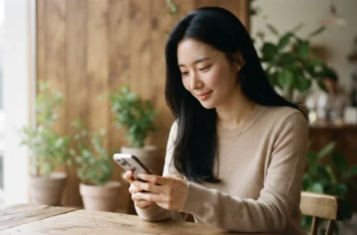 카페에서 스마트폰으로 모바일 최적화된 블로그 상위노출 글을 읽는 여성