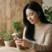 카페에서 스마트폰으로 모바일 최적화된 블로그 상위노출 글을 읽는 여성