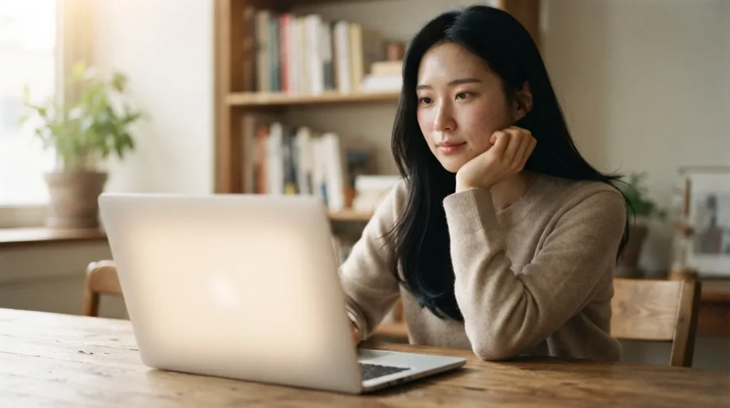 턱을 괴고 노트북 화면을 응시하며 블로그 글쓰기를 하는 여성