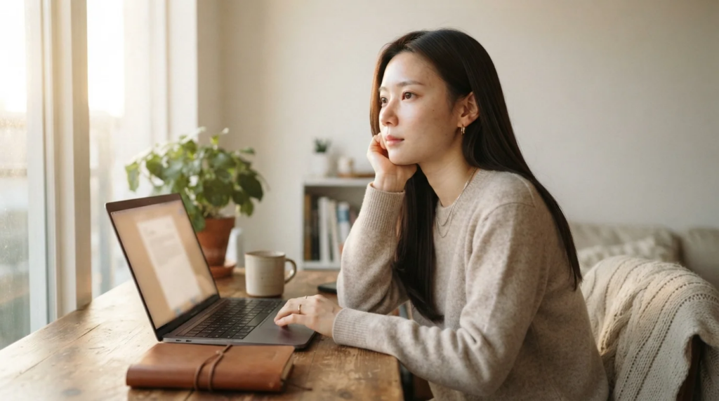 노트북 앞에서 고민하는 여성의 모습은 애드센스 가치가 낮은 콘텐츠 해결책을 연상시킵니다.