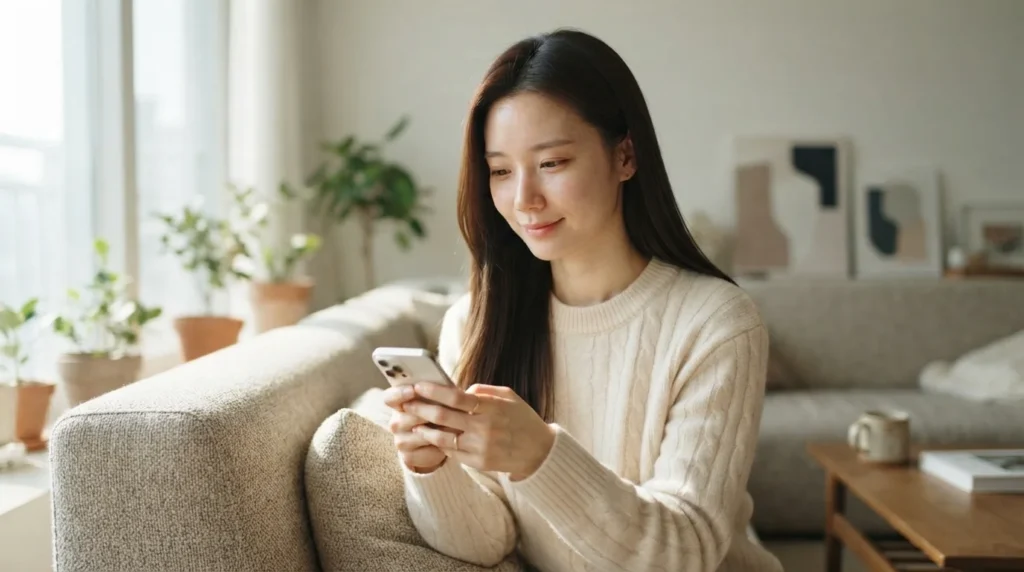 거실 소파에 앉아 스마트폰으로 청약 정보를 확인하는 여성의 모습