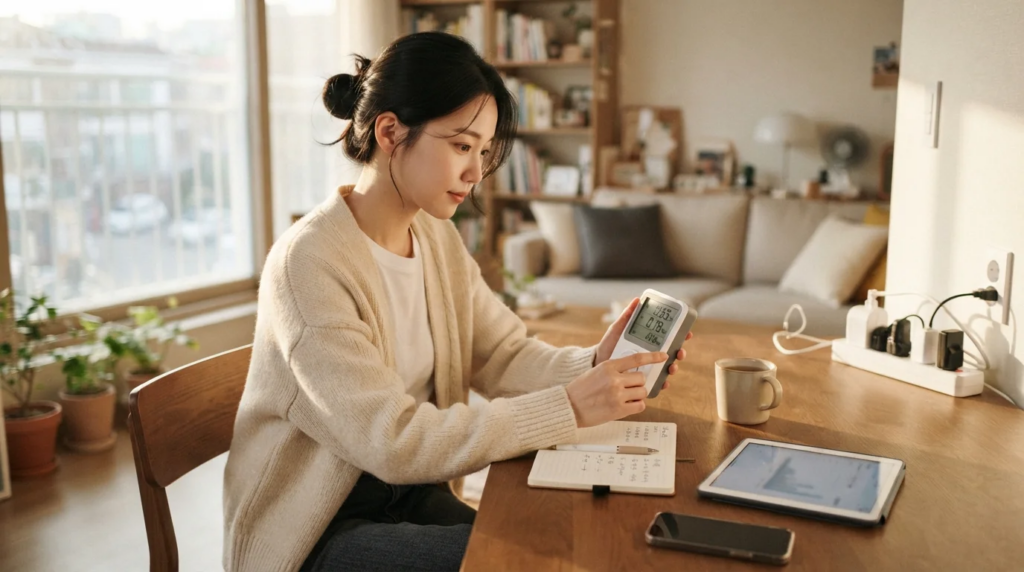 전력측정기와 대기전력 차단 멀티탭을 활용해 여름철 전기세를 절약하는 모습