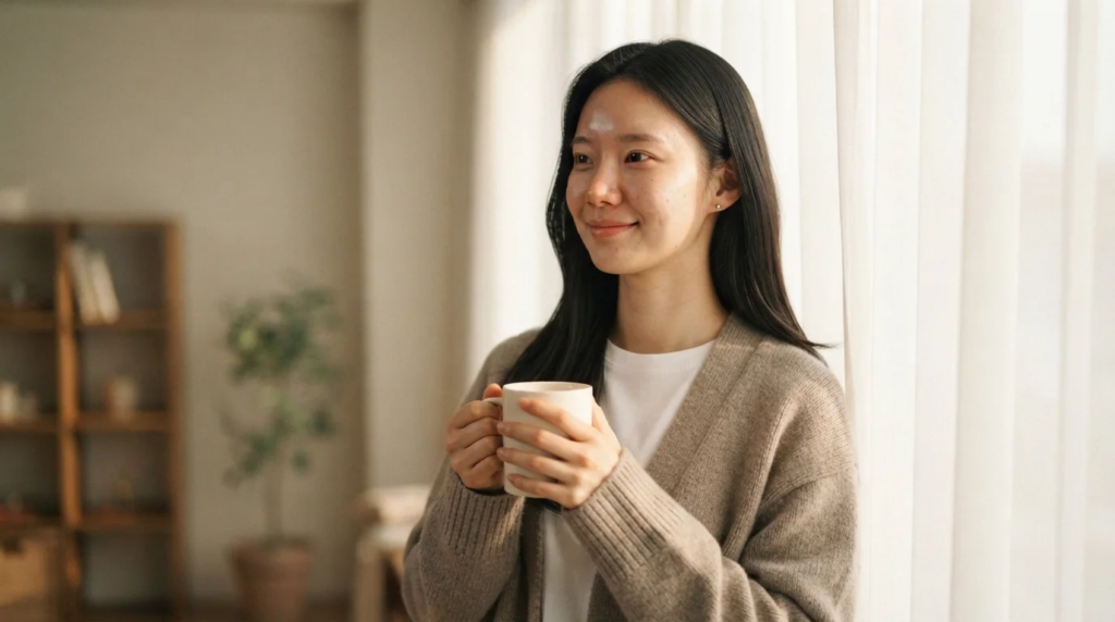 창가에서 컵을 들고 학자금대출 연체 해결 후 안도하며 미소 짓는 여성