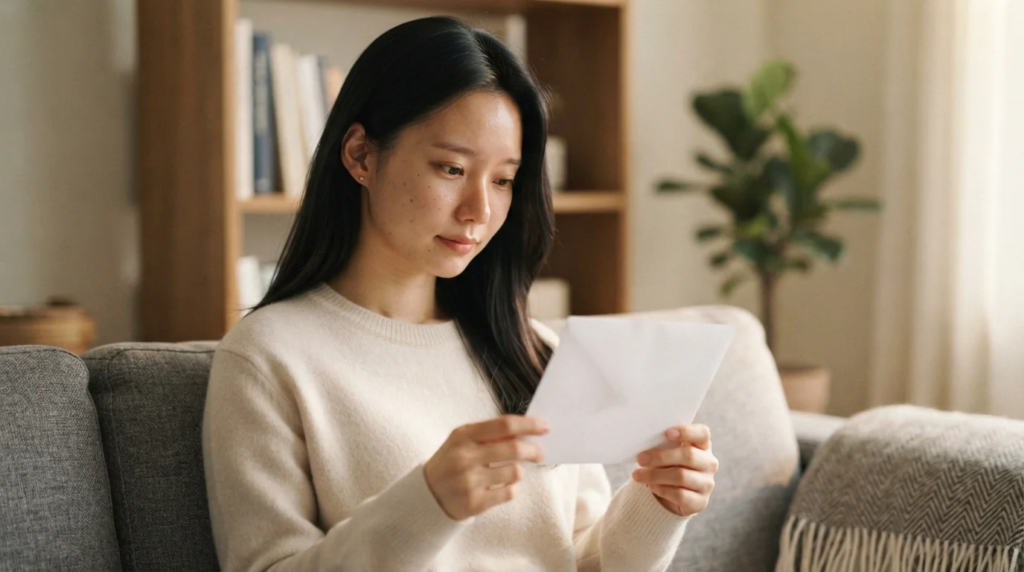 소파에 앉아 편지 봉투를 들여다보는 여성. 애드센스 거절 편지나 주소 설정을 확인하는 모습.