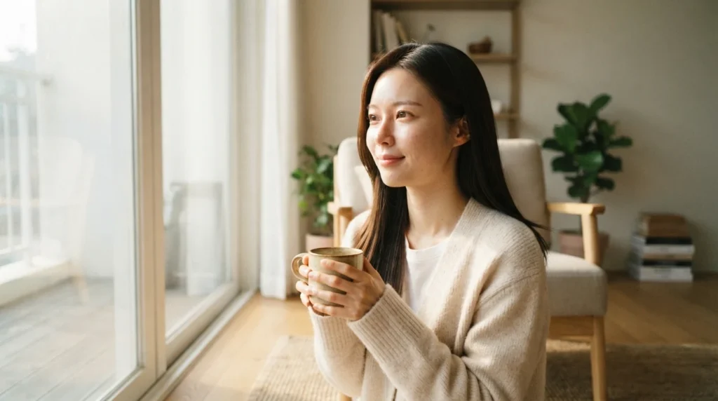 밝은 거실에서 머그잔을 들고 미소 지으며 검색 노출 결과를 기다리는 여성