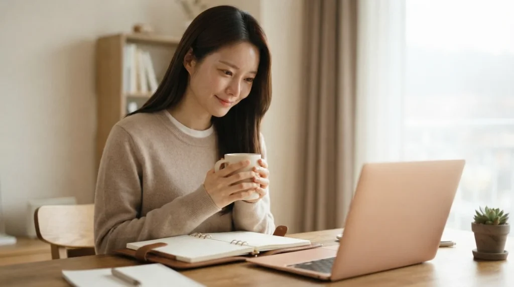 머그잔을 들고 노트북을 보며 블로그 키워드 찾기 단계를 실행하는 여성