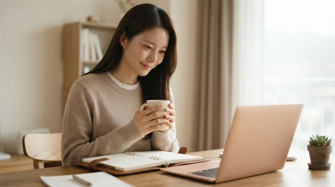 머그잔을 들고 노트북을 보며 블로그 키워드 찾기 단계를 실행하는 여성
