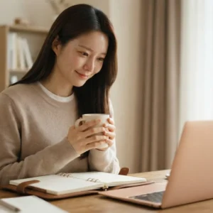 머그잔을 들고 노트북을 보며 블로그 키워드 찾기 단계를 실행하는 여성