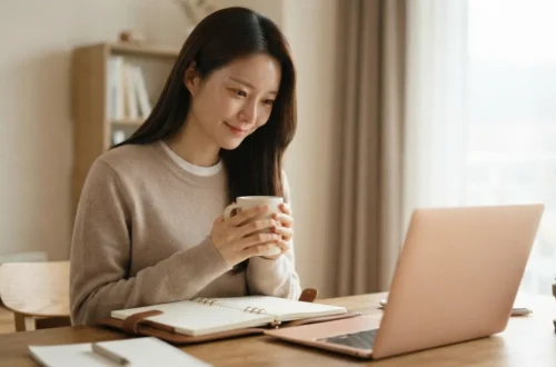 머그잔을 들고 노트북을 보며 블로그 키워드 찾기 단계를 실행하는 여성