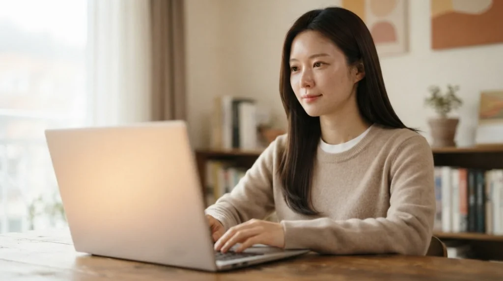 노트북으로 글을 쓰며 블로그 키워드 찾기 전략을 분석하는 여성의 모습