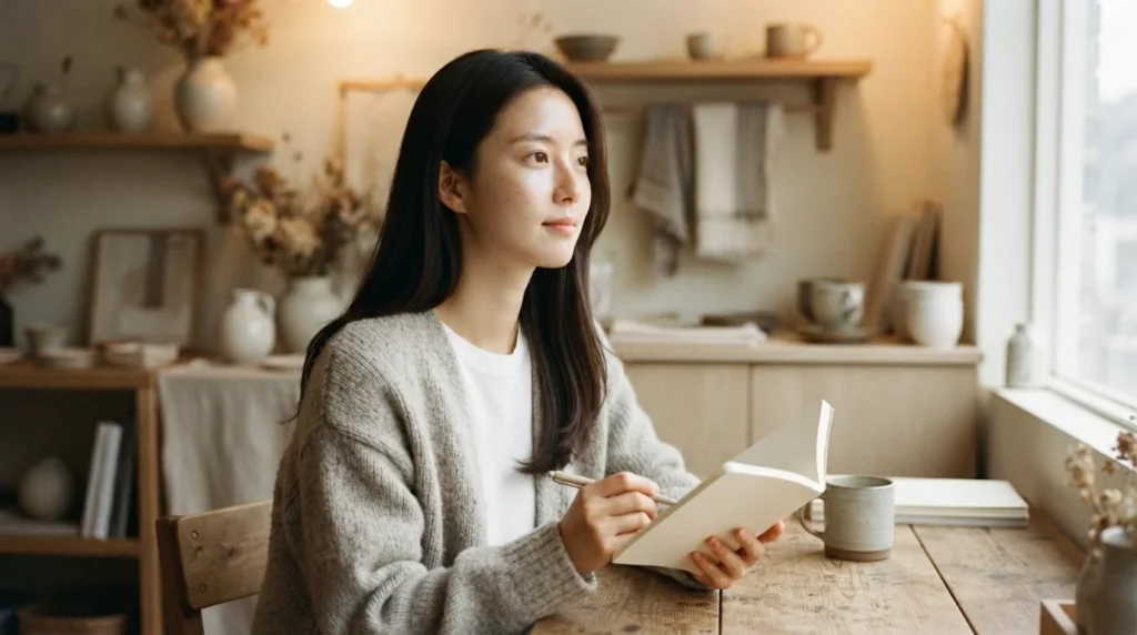 창가 테이블에서 수첩을 들고 개인사업자 부가세 셀프 신고 과세 유형을 고민하는 여성