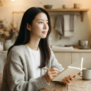 창가 테이블에서 수첩을 들고 개인사업자 부가세 셀프 신고 과세 유형을 고민하는 여성