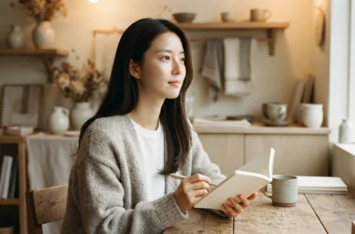 창가 테이블에서 수첩을 들고 개인사업자 부가세 셀프 신고 과세 유형을 고민하는 여성