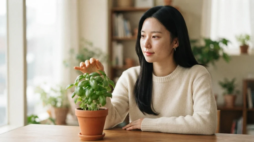 화분의 허브를 만지며 평균 게재순위 떨어지는 이유를 차분히 진단하는 여성.