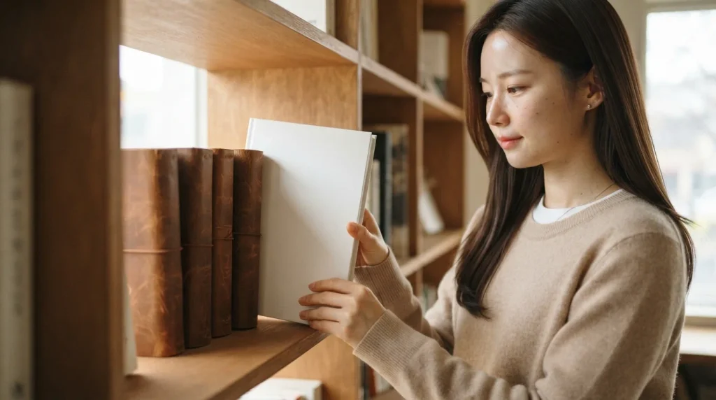 책장에서 흰 책을 꺼내며 새 글의 SEO 친화적인 URL 구조를 구상하는 여성