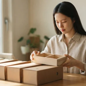 상자를 정돈하는 여성을 통해 카테고리 태그 SEO 도움을 주는 구조 설계 묘사