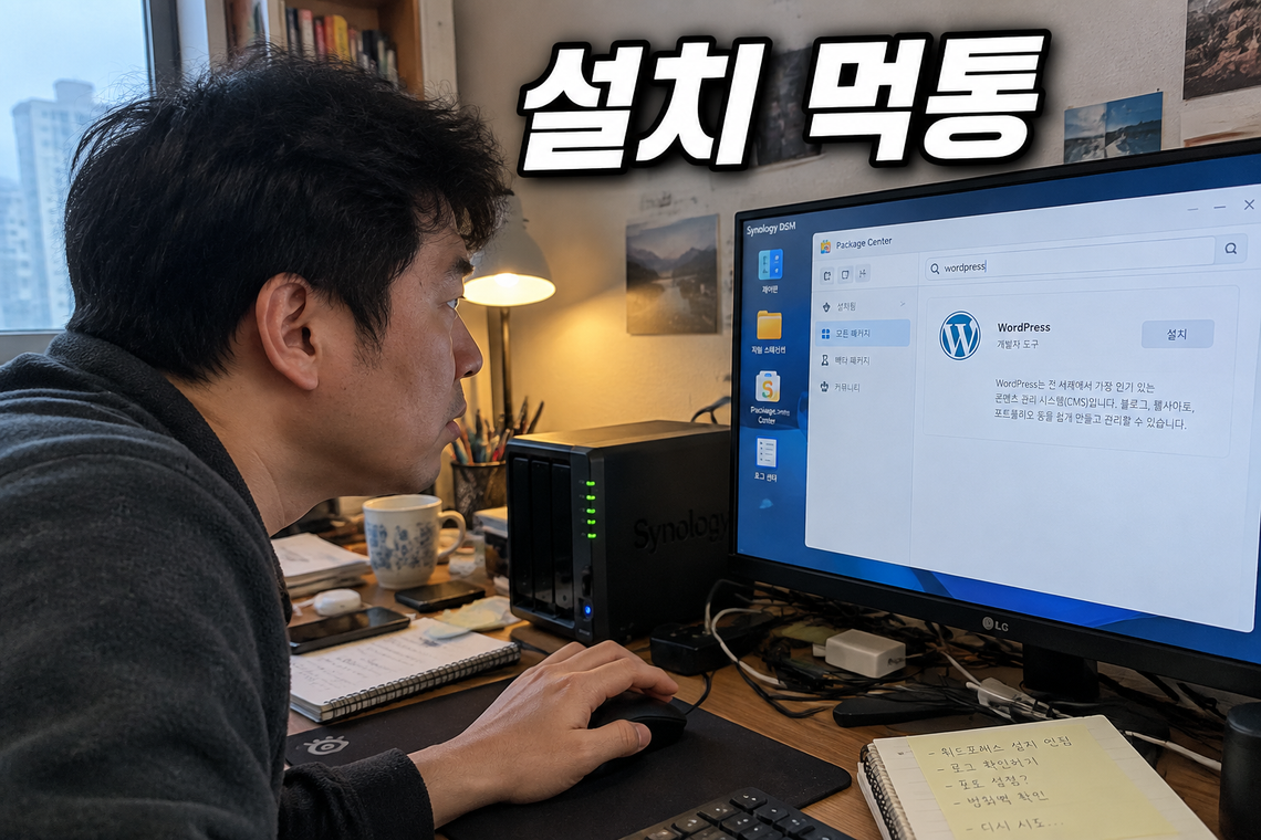 모니터 속 시놀로지 패키지센터 화면을 살펴보는 남성
