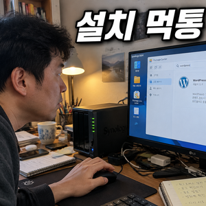 모니터 속 시놀로지 패키지센터 화면을 살펴보는 남성