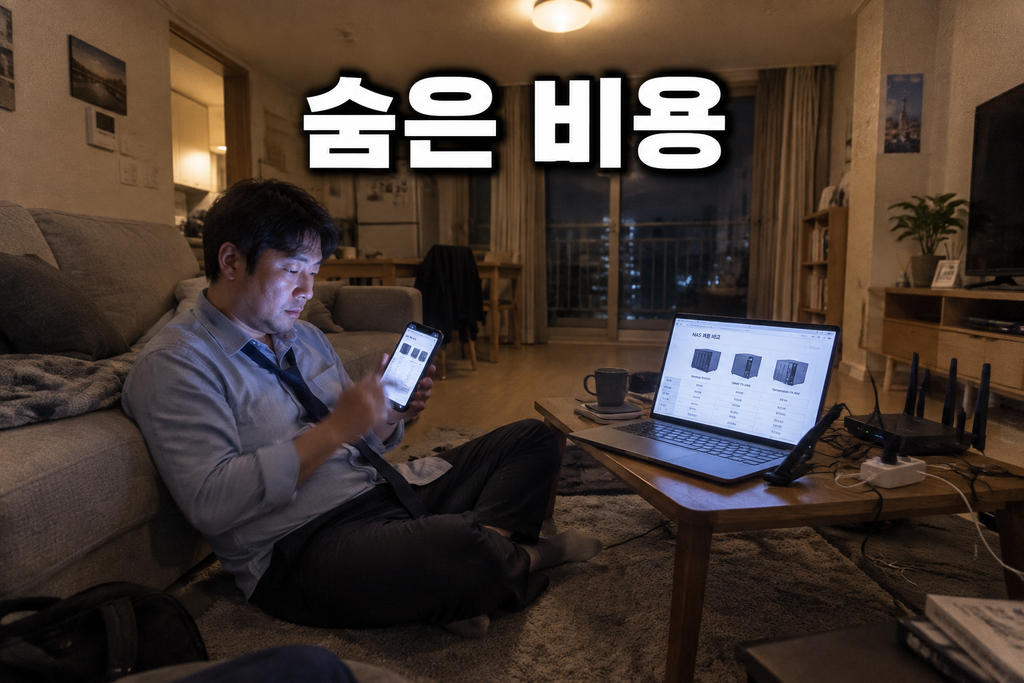 늦은 밤 거실 바닥에 앉아 휴대폰과 노트북으로 NAS 스펙을 비교해보는 남성