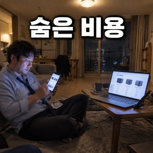 늦은 밤 거실 바닥에 앉아 휴대폰과 노트북으로 NAS 스펙을 비교해보는 남성