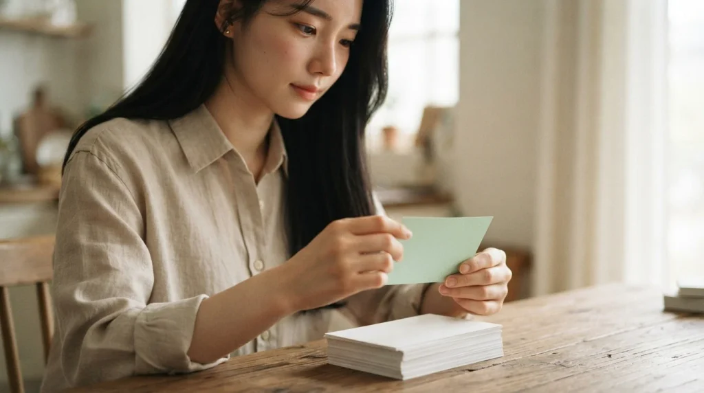 나무 테이블에서 연초록 카드를 보며 기회 키워드 순위를 분석하는 여성