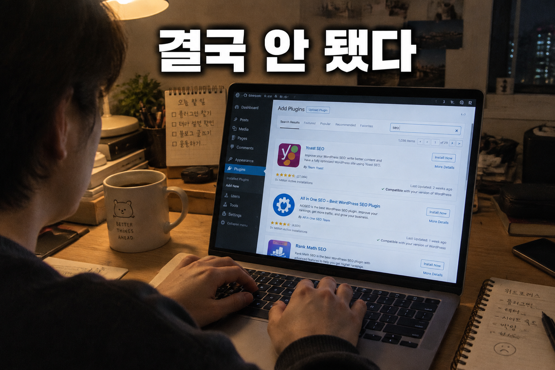 밤에 책상에서 노트북으로 워드프레스 플러그인을 검색하는 손