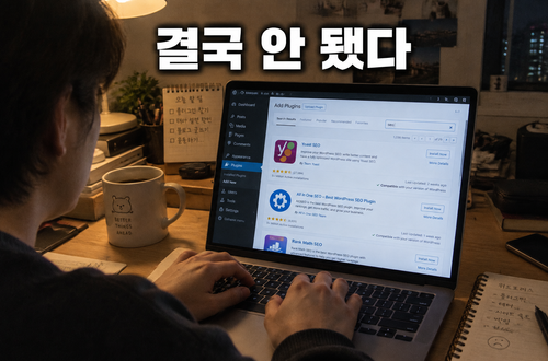 밤에 책상에서 노트북으로 워드프레스 플러그인을 검색하는 손