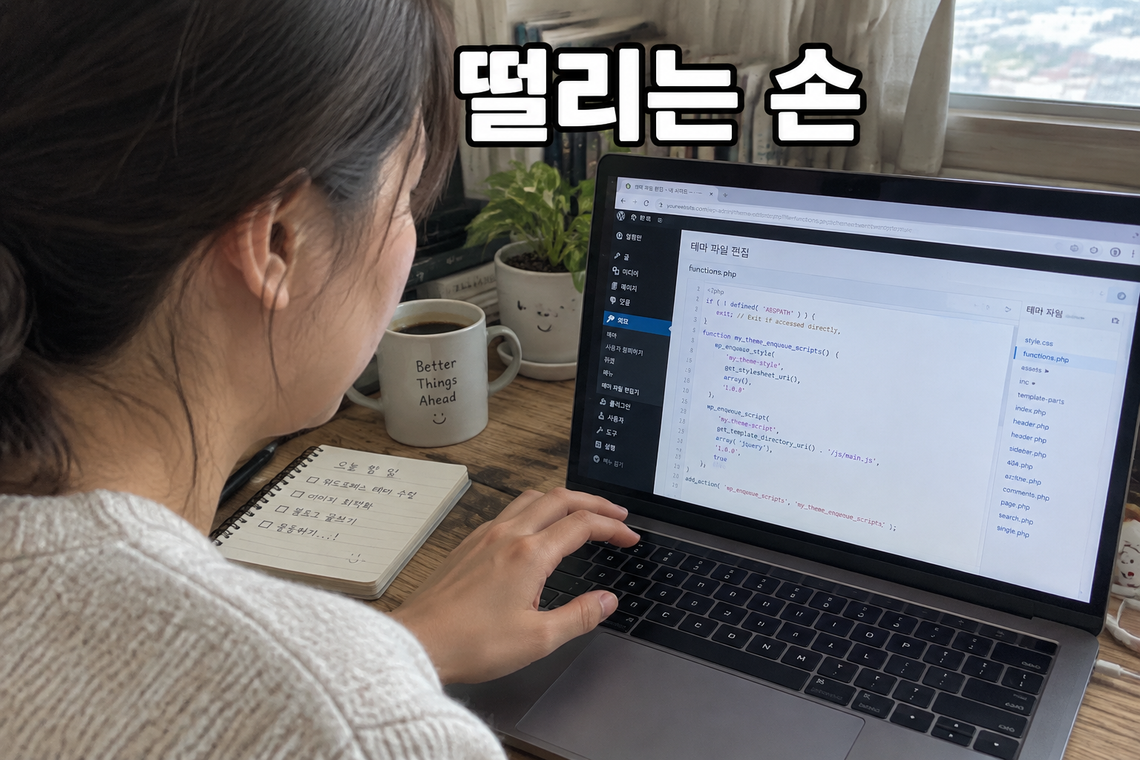 노트북 화면의 워드프레스 테마 코드 편집기 앞에서 망설이는 손