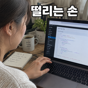 노트북 화면의 워드프레스 테마 코드 편집기 앞에서 망설이는 손