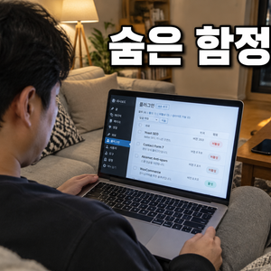 거실 소파에서 노트북으로 워드프레스 플러그인 목록을 확인하는 남성