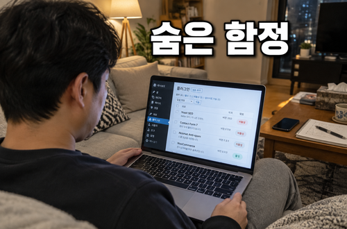 거실 소파에서 노트북으로 워드프레스 플러그인 목록을 확인하는 남성