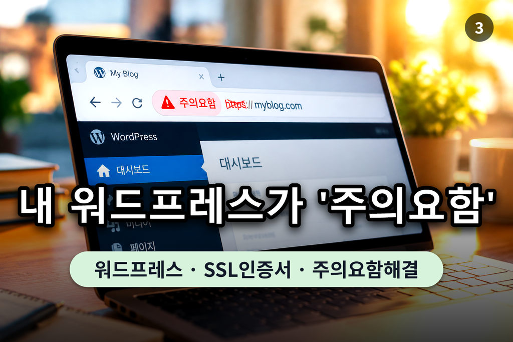 워드프레스 주소창에 주의요함 경고가 표시된 화면