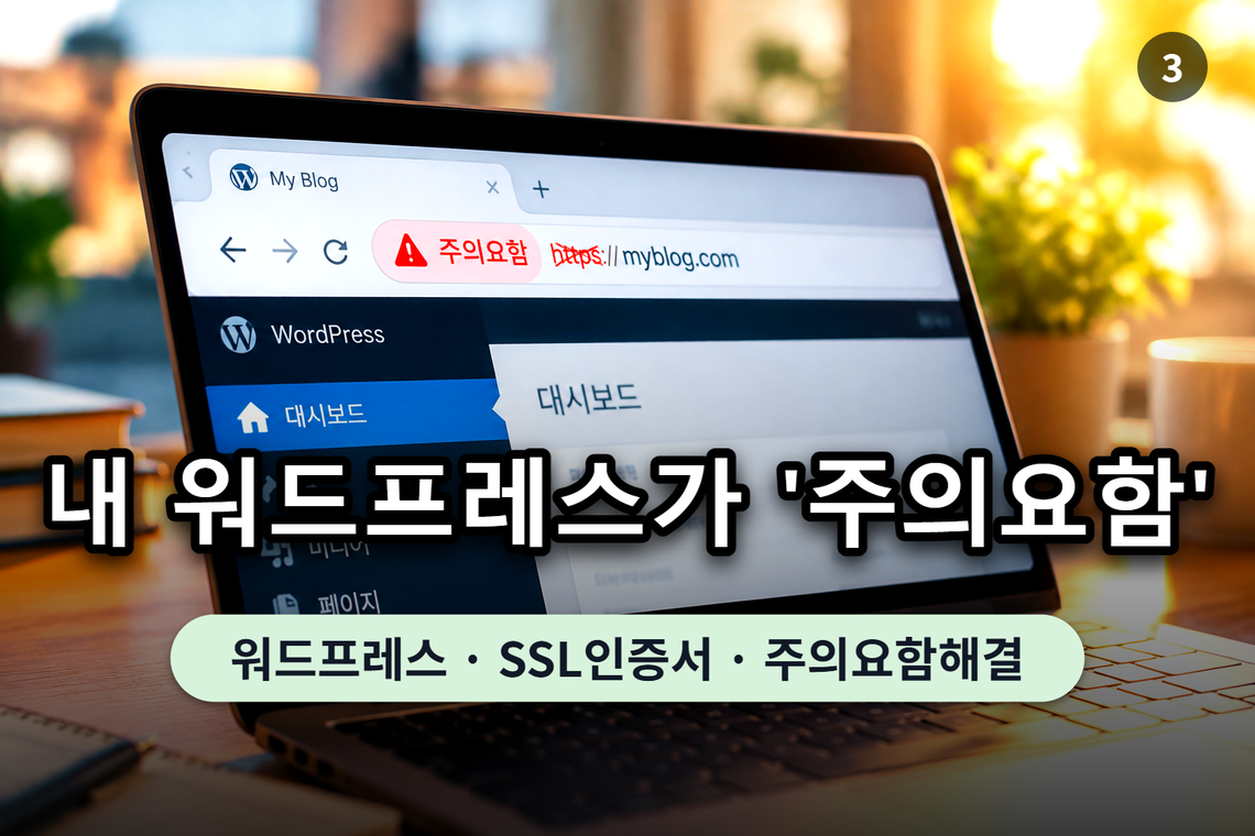 워드프레스 주소창에 주의요함 경고가 표시된 화면