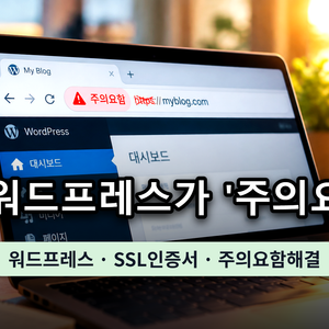 워드프레스 주소창에 주의요함 경고가 표시된 화면